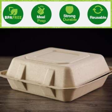Perfectware 100% Compostable 3 Comp Take Out Food Containers 9 x9 Inch. 40 Count Heavy-Duty Quality to Go Containers, Natural Disposable Bagasse, Eco-Friendly Biodegradable Made of Sugar Cane
