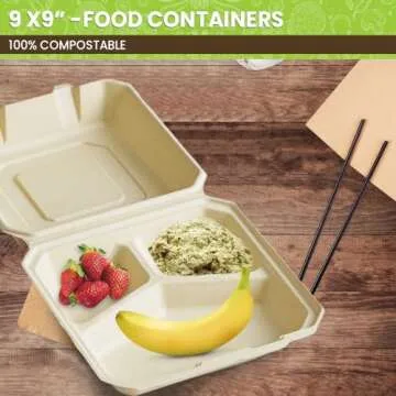 Perfectware 100% Compostable 3 Comp Take Out Food Containers 9 x9 Inch. 40 Count Heavy-Duty Quality to Go Containers, Natural Disposable Bagasse, Eco-Friendly Biodegradable Made of Sugar Cane
