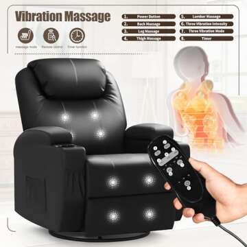 JUMMICO Recliner Chair, Rocking Massage Chairs, Home Reclining Sofa Chair, PU Leather, Ergonomic Living Room Chair with Cup Holders, Remote Control (Black)