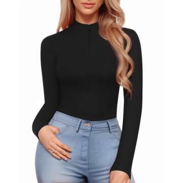 MANGOPOP Long Sleeve Body Suit Mock Turtle Neck Zip Up Bodysuit for Women Ribbed Deep V Sexy Bodysuit Shirts