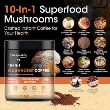 GREENPEOPLE 10 in 1 Mushroom Coffee | Premium Arabica Instant Coffee with Lion’s Mane, Reishi, Turkey Tail & More | Mushroom Coffee Alternative for Energy, Focus & Immune Support | 8.8 Oz
