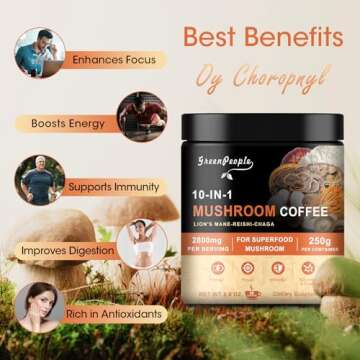 GREENPEOPLE 10 in 1 Mushroom Coffee | Premium Arabica Instant Coffee with Lion’s Mane, Reishi, Turkey Tail & More | Mushroom Coffee Alternative for Energy, Focus & Immune Support | 8.8 Oz