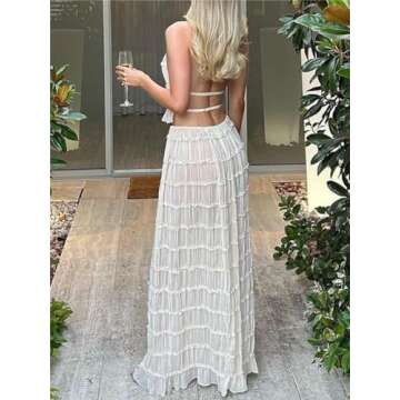 Sastianaen Women 2 Piece Maxi Skirt Set Y2k Lace Up Back Tank Top Flowy Ruffle Long Skirt Outfits Su...