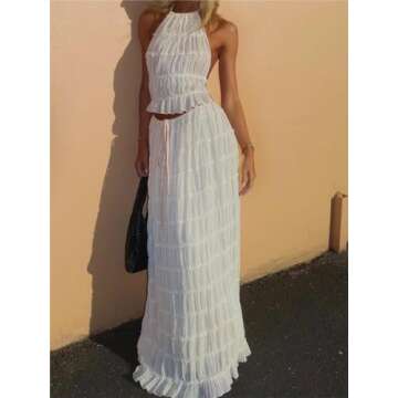 Sastianaen Women 2 Piece Maxi Skirt Set Y2k Lace Up Back Tank Top Flowy Ruffle Long Skirt Outfits Summer Going Out Beach Sundress (1-White,s), Small