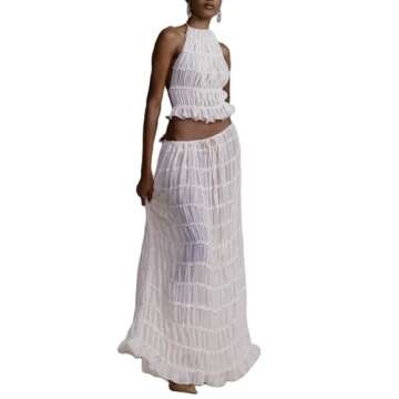 Sastianaen Women 2 Piece Maxi Skirt Set Y2k Lace Up Back Tank Top Flowy Ruffle Long Skirt Outfits Summer Going Out Beach Sundress (1-White,s), Small