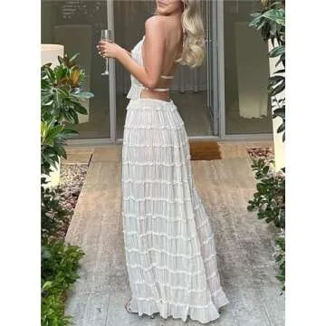 Sastianaen Women 2 Piece Maxi Skirt Set Y2k Lace Up Back Tank Top Flowy Ruffle Long Skirt Outfits Summer Going Out Beach Sundress (1-White,s), Small