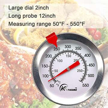 KT THERMO Deep Fry Thermometer With Instant Read,Dial Thermometer,12" Stainless Steel Stem Meat Cooking Thermometer,Best for Turkey,BBQ,Grill
