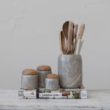 Creative Co-Op Marble Canister with Wood Lid