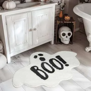 UNIBATH Halloween Bathroom Rugs Spooky Ghost Bath Mat Non-Slip for Gothic Bathroom Decor Goth Funny Rug for Shower Microfiber Washable Absorbent,Black 20”x32”
