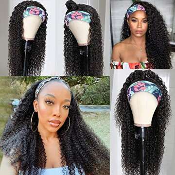Eooma Curly Headband Wig Human Hair Glueless Wigs for Black Women 22 inch Briazilian Scarf Wig No Ge...