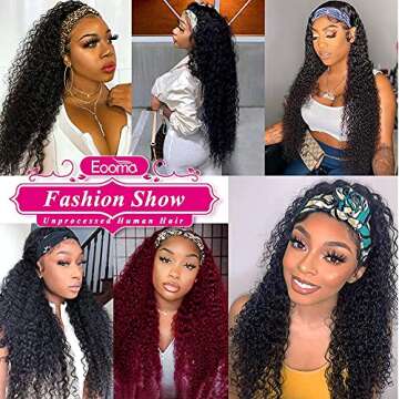 Eooma Curly Headband Wig Human Hair Glueless Wigs for Black Women 22 inch Briazilian Scarf Wig No Gel Remy Curly None Lace Front Wigs Human Hair