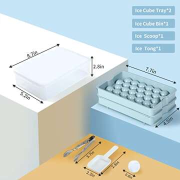 Huggiecart Round Ice Cube Tray with Lid, Bin, Scoop, and Tong - Easy Release Circle Ice Cube Tray Mold for Freezer - Makes 64PSC × 0.8IN Sphere Ice Balls for Cocktails, Ice coffee, and Juice Chilled…