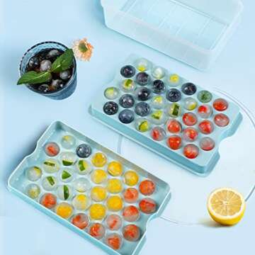 Huggiecart Round Ice Cube Tray with Lid, Bin, Scoop, and Tong - Easy Release Circle Ice Cube Tray Mold for Freezer - Makes 64PSC × 0.8IN Sphere Ice Balls for Cocktails, Ice coffee, and Juice Chilled…