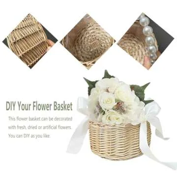 Flower Girl Basket with Pearl Handle Wedding Flower Basket Cute Rattan Wicker Basket with White Ribbon Wicker Storage Basket Decorative Baskets for Home Decor