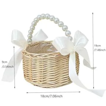 Flower Girl Basket with Pearl Handle Wedding Flower Basket Cute Rattan Wicker Basket with White Ribbon Wicker Storage Basket Decorative Baskets for Home Decor