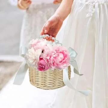 Flower Girl Basket with Pearl Handle Wedding Flower Basket Cute Rattan Wicker Basket with White Ribbon Wicker Storage Basket Decorative Baskets for Home Decor