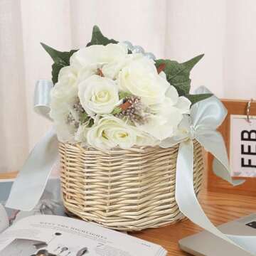 Flower Girl Basket with Pearl Handle Wedding Flower Basket Cute Rattan Wicker Basket with White Ribbon Wicker Storage Basket Decorative Baskets for Home Decor