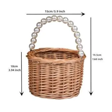 BETAULIFE Wicker Rattan Flower Girl Basket,Pearl Handle Flower Girl Basket,Wedding Flower Girl Baske...