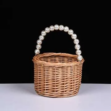BETAULIFE Wicker Rattan Flower Girl Basket with Pearl Handle