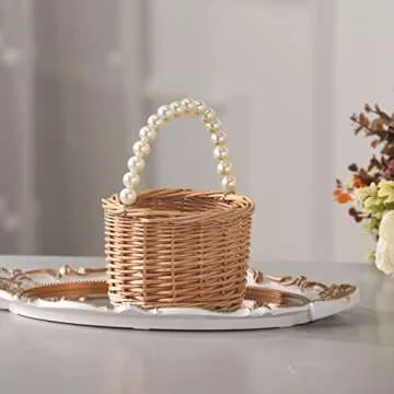 BETAULIFE Wicker Rattan Flower Girl Basket with Pearl Handle
