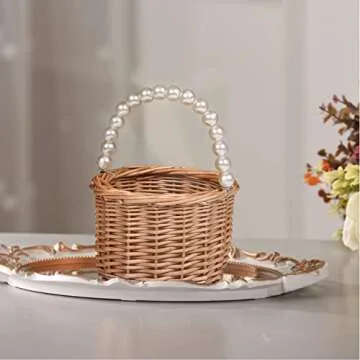 BETAULIFE Wicker Rattan Flower Girl Basket with Pearl Handle