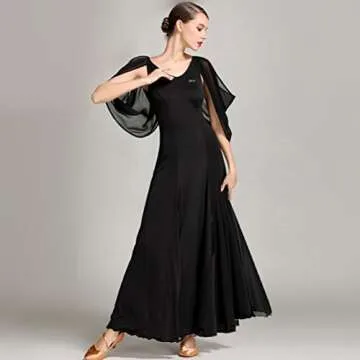 YILINFEIER Women V Neck Flying Yarn Sleeves Elegant Hemline Competition Standard Waltz Flamenco Ballroom Salsa Dance Dress (S, Black)