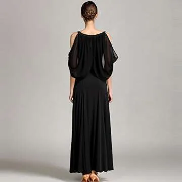 YILINFEIER Women V Neck Flying Yarn Sleeves Elegant Hemline Competition Standard Waltz Flamenco Ballroom Salsa Dance Dress (S, Black)
