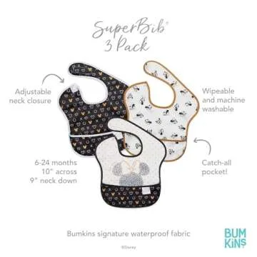 Bumkins Disney Bibs for Girl or Boy, SuperBib Baby and Toddler for 6-24 Months, Essential Must Have for Eating, Feeding, Baby Led Weaning, Mess Saving Waterproof Soft Fabric, 3-pk Minnie Mouse Icon