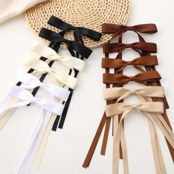 Slevaty 12 PCS Hair Accessories: Black Ribbon Bowknot Barrettes with Long Tails for Women and Girls (Neutral Colors)