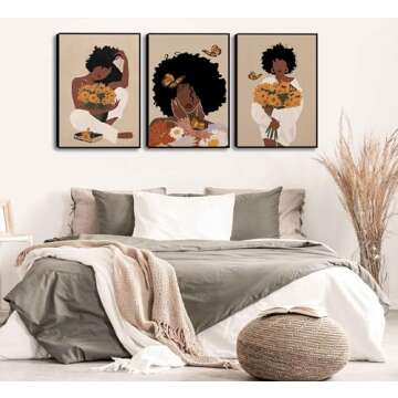 WSTUKVV 3Pcs Black Woman Wall Art Boho Black Girl Sunflower Posters Pictures African American Canvas Prints Fashion Flower Art Paintings for Nordic Minimalist Room Bedroom Wall Decor Unframed