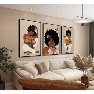 WSTUKVV 3Pcs Black Woman Wall Art Boho Black Girl Sunflower Posters Pictures African American Canvas Prints Fashion Flower Art Paintings for Nordic Minimalist Room Bedroom Wall Decor Unframed