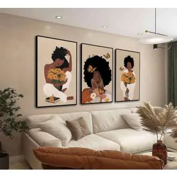 WSTUKVV 3Pcs Black Woman Wall Art Boho Black Girl Sunflower Posters Pictures African American Canvas Prints Fashion Flower Art Paintings for Nordic Minimalist Room Bedroom Wall Decor Unframed