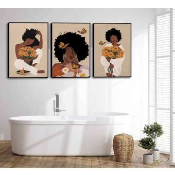 WSTUKVV 3Pcs Black Woman Wall Art Boho Black Girl Sunflower Posters Pictures African American Canvas Prints Fashion Flower Art Paintings for Nordic Minimalist Room Bedroom Wall Decor Unframed