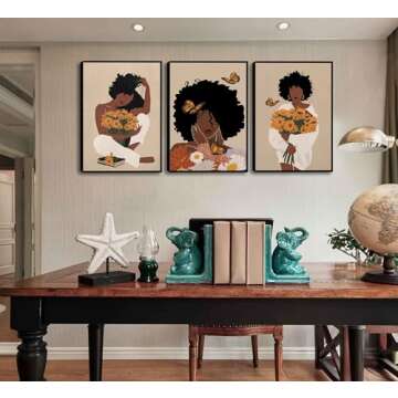 WSTUKVV 3Pcs Black Woman Wall Art Boho Black Girl Sunflower Posters Pictures African American Canvas Prints Fashion Flower Art Paintings for Nordic Minimalist Room Bedroom Wall Decor Unframed