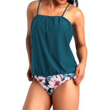 Chenghe Womens Swimsuits Bandeau Strapless Tankini Swim Tops Tummy Control Bathing Suits with Floral Bikini Bottom Set Vacation Swimwear Blue Pink XL