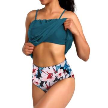 Chenghe Womens Swimsuits Bandeau Strapless Tankini Swim Tops Tummy Control Bathing Suits with Floral Bikini Bottom Set Vacation Swimwear Blue Pink XL