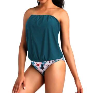 Chenghe Womens Swimsuits Bandeau Strapless Tankini Swim Tops Tummy Control Bathing Suits with Floral Bikini Bottom Set Vacation Swimwear Blue Pink XL