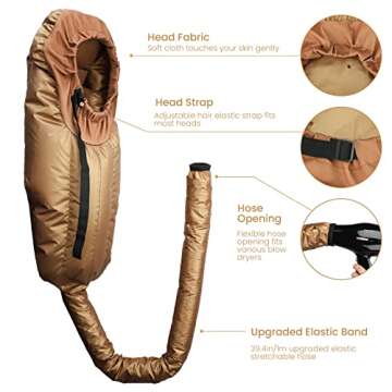 Segbeauty Hair Dryer Bonnet, Extra Large Deep Conditioning Cap Attachment, Upgraded Adjustable Drying Heat Cap Hooded with Elastic Strap for Fast Drying Curly Hair Styling Nursing Oil Treat-Ment Gold