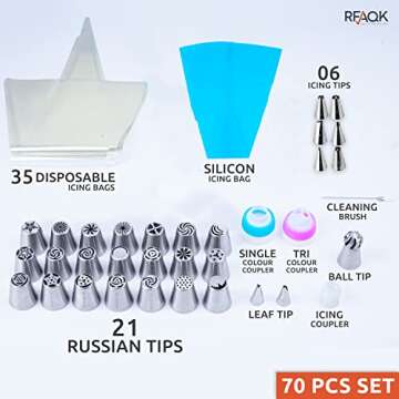 RFAQK 70-Piece Russian Piping Tips Complete Set, Piping Bags and Tips Set for Cookie Cupcake & Cake Decoration, Cake Decorating Kit Gift for Women includes Piping Tips with Pastry Bags and much more