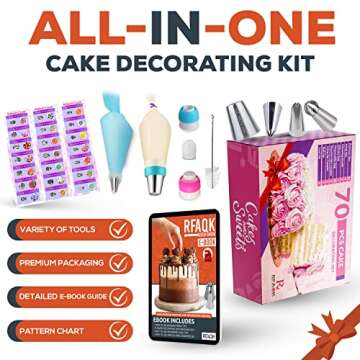 RFAQK 70-Piece Russian Piping Tips Complete Set, Piping Bags and Tips Set for Cookie Cupcake & Cake Decoration, Cake Decorating Kit Gift for Women includes Piping Tips with Pastry Bags and much more
