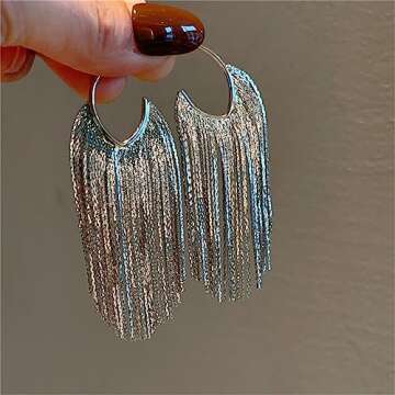 WASAIE Boho Linear Tassel Drop Dangling Earrings For Women,Silver Plated Long Formal Country Bohemian Fringe Chain Chandelier Prom Statement Trendy Earrings For Concert Wedding Party Prom