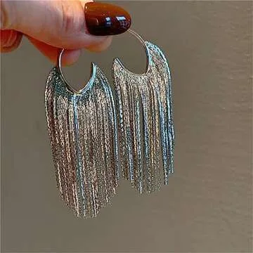 WASAIE Boho Linear Tassel Drop Dangling Earrings For Women,Silver Plated Long Formal Country Bohemian Fringe Chain Chandelier Prom Statement Trendy Earrings For Concert Wedding Party Prom