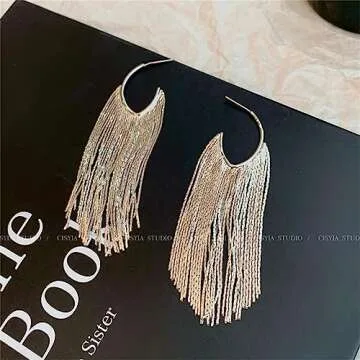 WASAIE Boho Linear Tassel Drop Dangling Earrings For Women,Silver Plated Long Formal Country Bohemian Fringe Chain Chandelier Prom Statement Trendy Earrings For Concert Wedding Party Prom