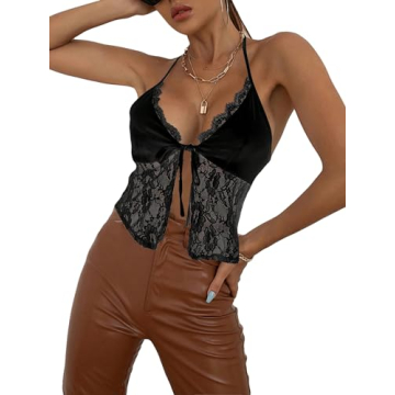 SOLY HUX Women's Sexy Lace Trim Tie Front Split Halter Cami Crop Tops Pure Black S