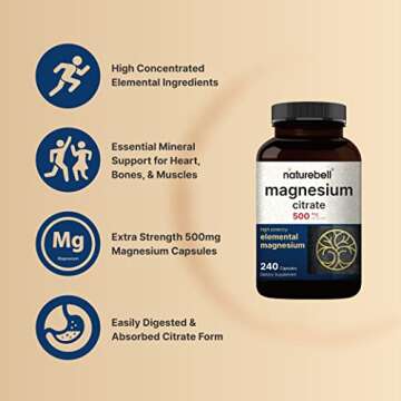 NatureBell Magnesium Citrate 500mg, 240 Capsules | High Purity Elemental Form – Extra Strength | Essential Mineral for Heart, Muscle, & Digestion Support – Non-GMO & No Gluten