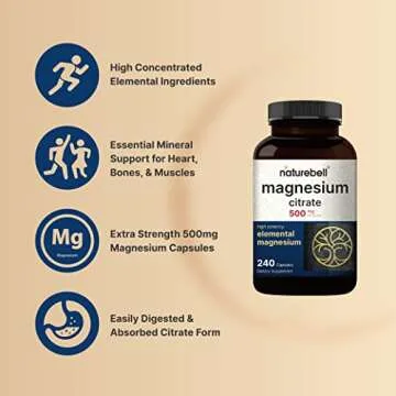 NatureBell Magnesium Citrate 500mg, 240 Capsules | High Purity Elemental Form – Extra Strength | Essential Mineral for Heart, Muscle, & Digestion Support – Non-GMO & No Gluten