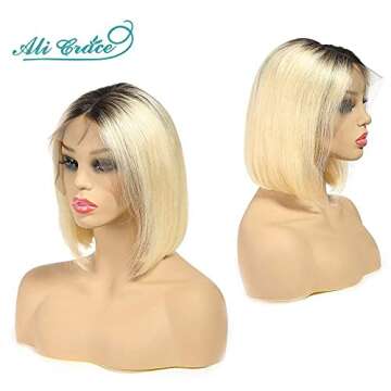 Ali Grace Short Bob Lace Front Wigs Brazilian Human Hair Ombre Blonde 1B/613 2 Tone Straight Glueless Lace Wig for Black Women Pre Plucked Bleached Knots Unprocessed Virgin Hair（12inch）