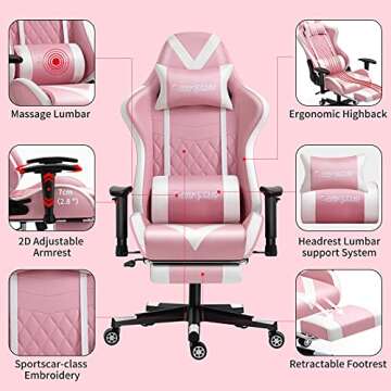 Darkecho Pink Gaming Chair with Footrest Massage Racing Office Computer Ergonomic Chair Leather Reclining Video Game Chair Adjustable Armrest High Back Gamer Chair with Headrest Lumbar Support Pink