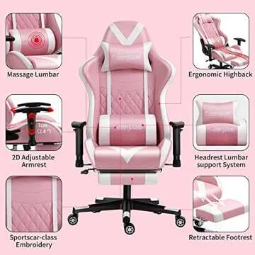 Darkecho Pink Gaming Chair with Footrest Massage Racing Office Computer Ergonomic Chair Leather Reclining Video Game Chair Adjustable Armrest High Back Gamer Chair with Headrest Lumbar Support Pink
