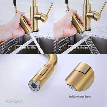 FORIOUS Gold Kitchen Faucet with Pull Down Sprayer, Brushed Brass High Arc Gooseneck Modern Sink Fau...